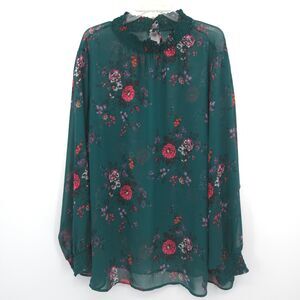 Torrid‎ Chiffon Smocked Mock Neck Blouse Size 4X green floral long sleeves